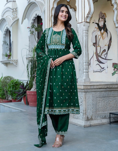 Dark Green Chinnon Printed Flared Kurta Set With Dupatta