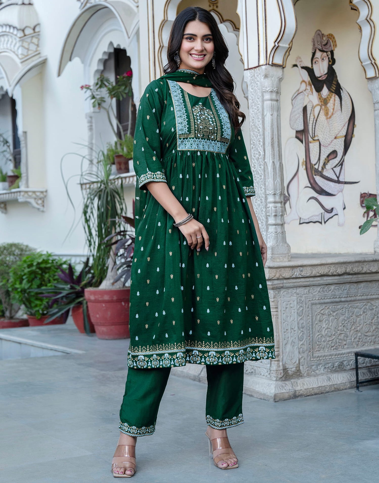 Dark Green Chinnon Printed Flared Kurta Set With Dupatta