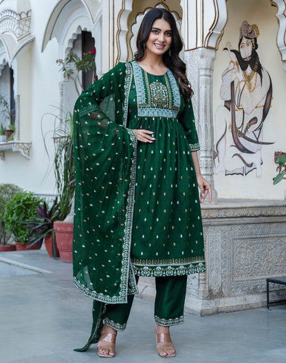 Dark Green Chinnon Printed Flared Kurta Set With Dupatta