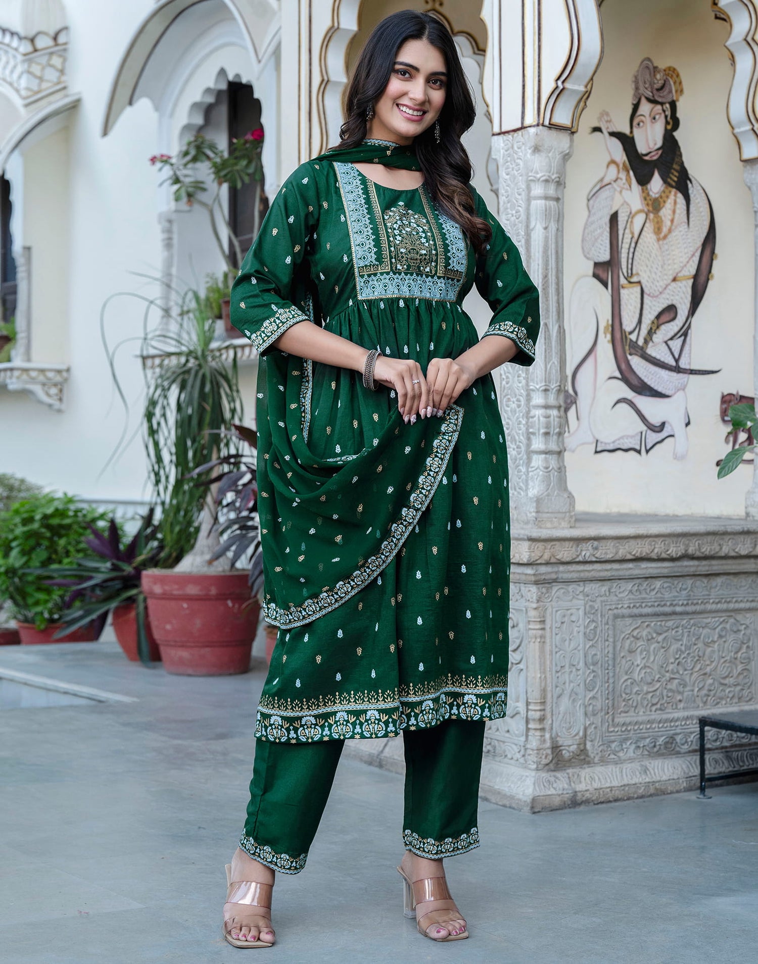 Dark Green Chinnon Printed Flared Kurta Set With Dupatta