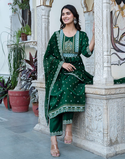 Dark Green Chinnon Printed Flared Kurta Set With Dupatta