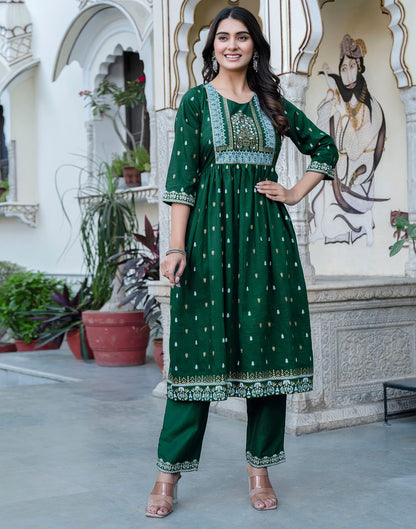 Dark Green Chinnon Printed Flared Kurta Set With Dupatta