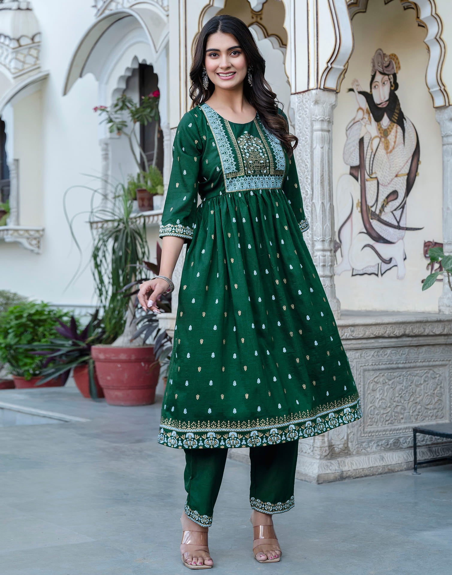 Dark Green Chinnon Printed Flared Kurta Set With Dupatta