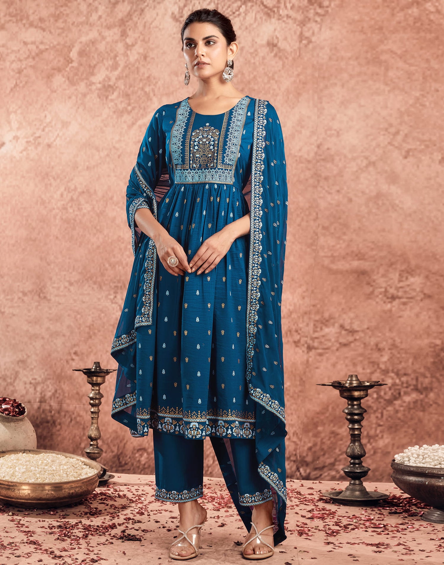 Rama Blue Chinnon Printed Flared Kurta Set With Dupatta