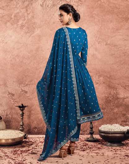 Rama Blue Chinnon Printed Flared Kurta Set With Dupatta