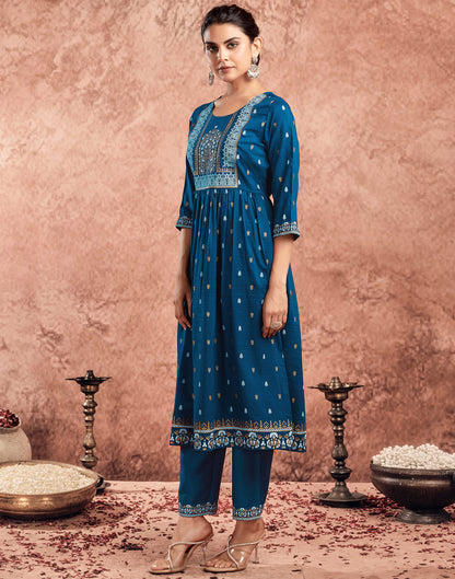 Rama Blue Chinnon Printed Flared Kurta Set With Dupatta