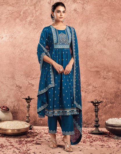 Rama Blue Chinnon Printed Flared Kurta Set With Dupatta