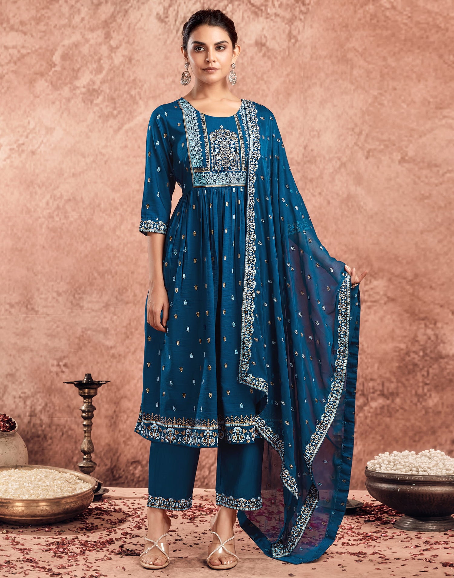 Rama Blue Chinnon Printed Flared Kurta Set With Dupatta