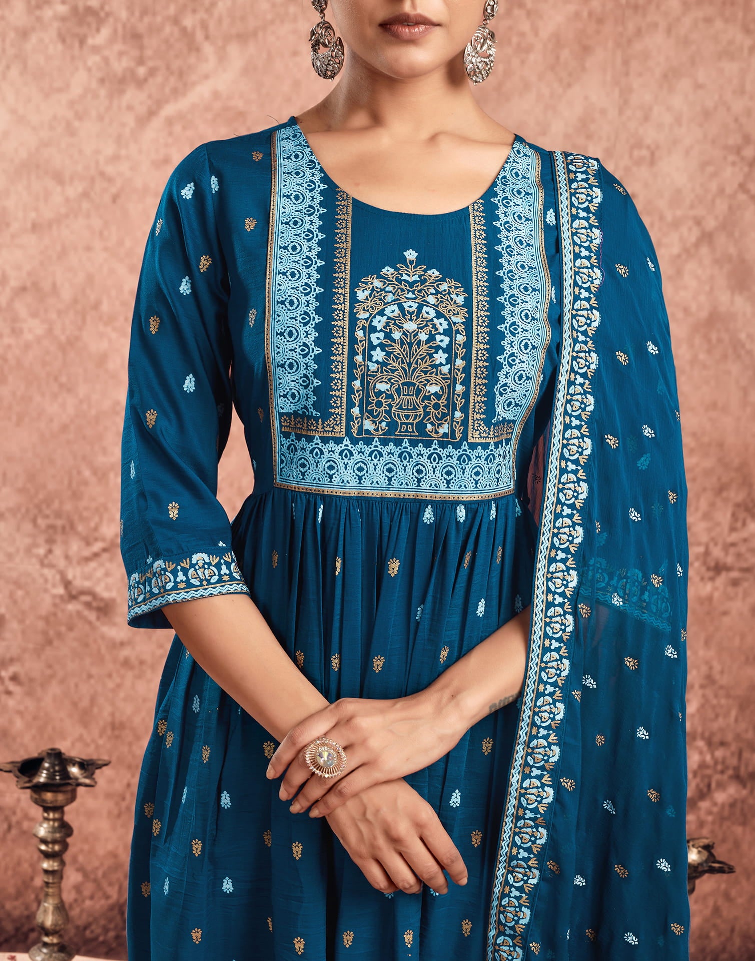 Rama Blue Chinnon Printed Flared Kurta Set With Dupatta