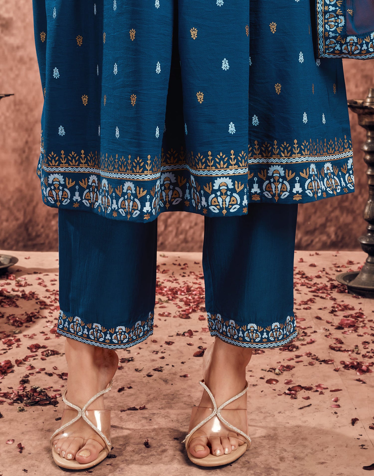 Rama Blue Chinnon Printed Flared Kurta Set With Dupatta