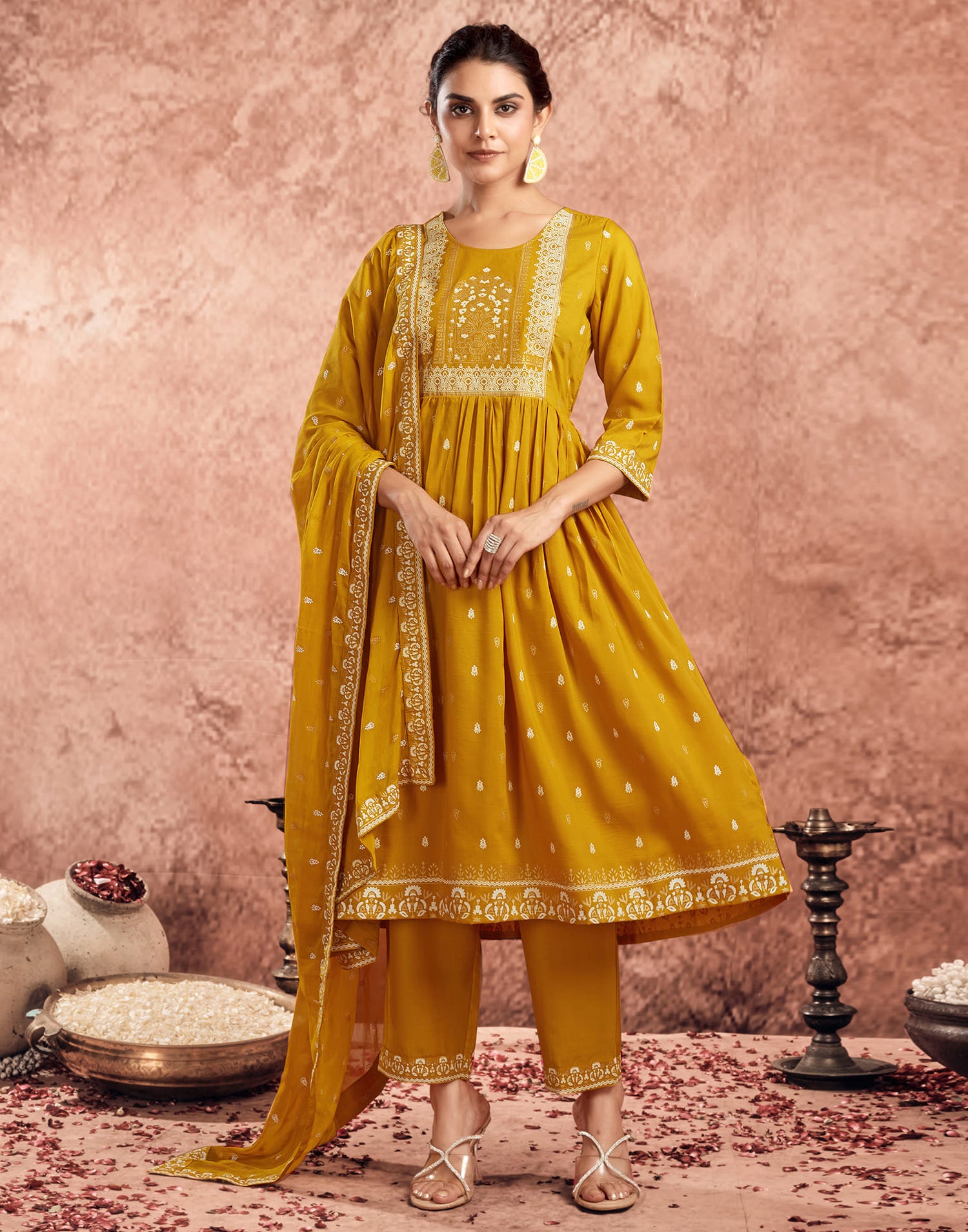 Yellow Chinnon Printed Flared Kurta Set With Dupatta