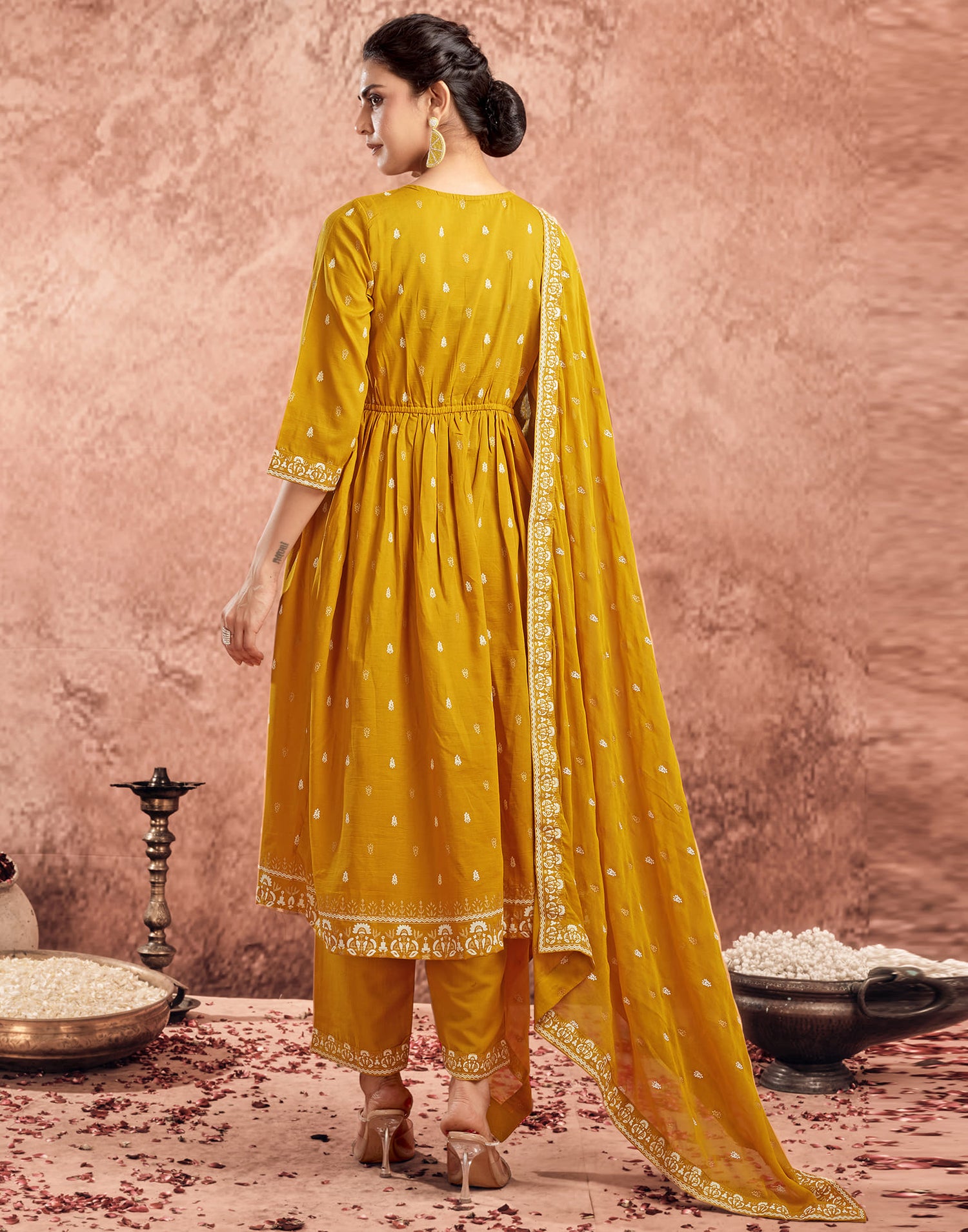 Yellow Chinnon Printed Flared Kurta Set With Dupatta