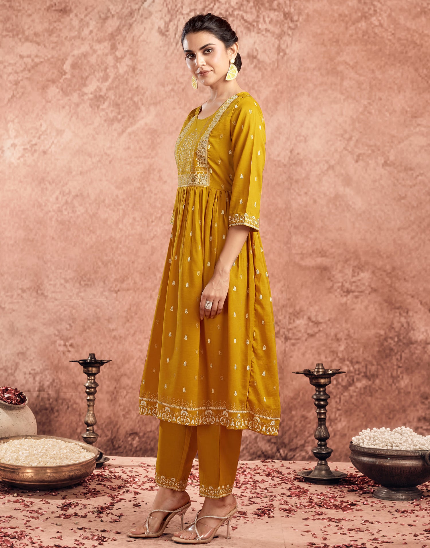 Yellow Chinnon Printed Flared Kurta Set With Dupatta