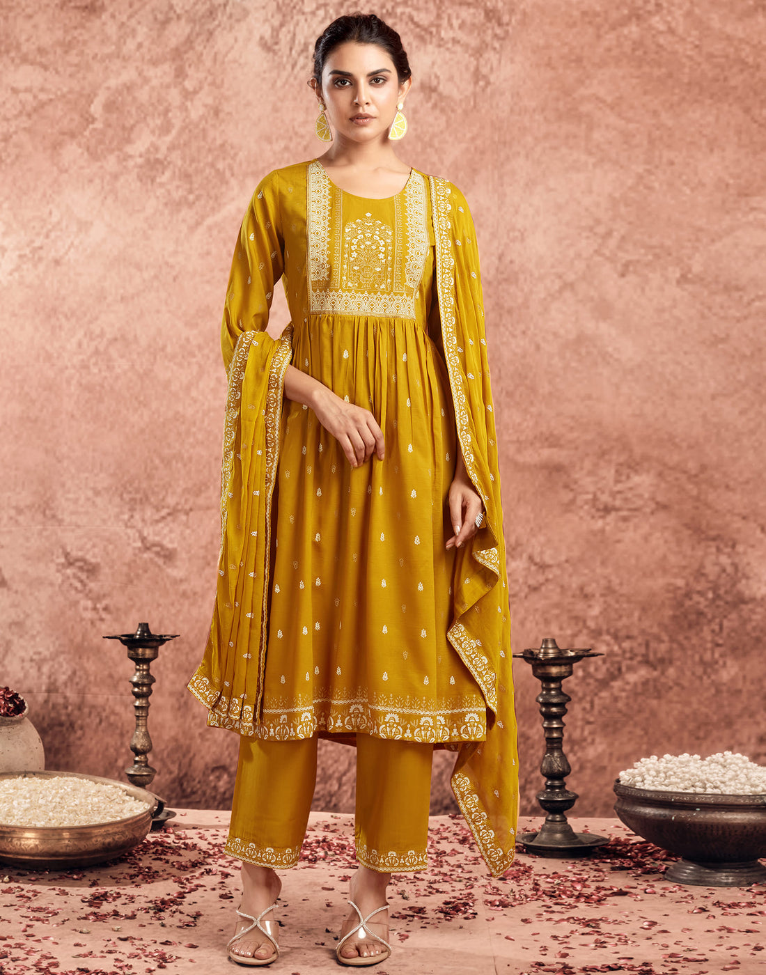 Yellow Chinnon Printed Flared Kurta Set With Dupatta