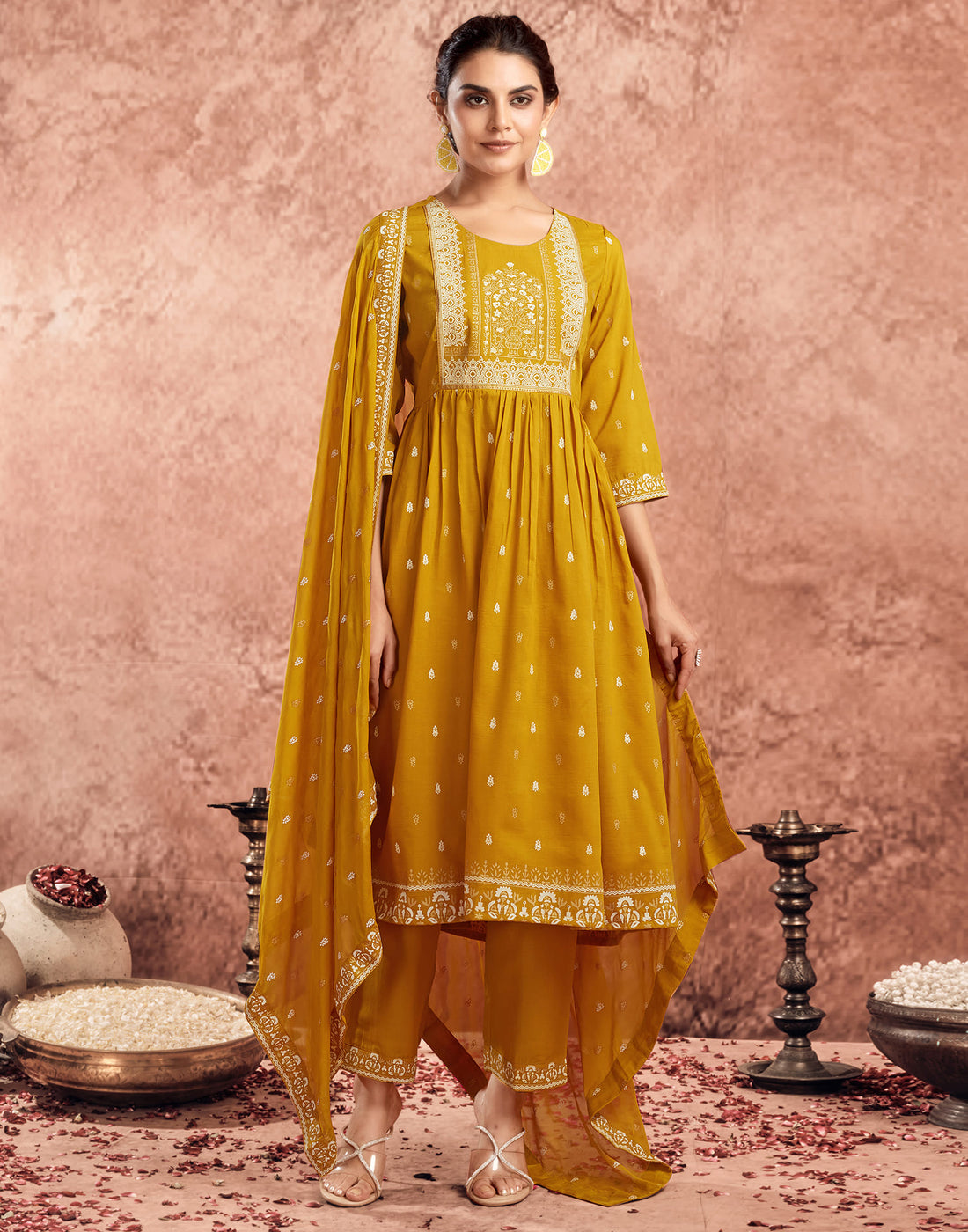 Yellow Chinnon Printed Flared Kurta Set With Dupatta