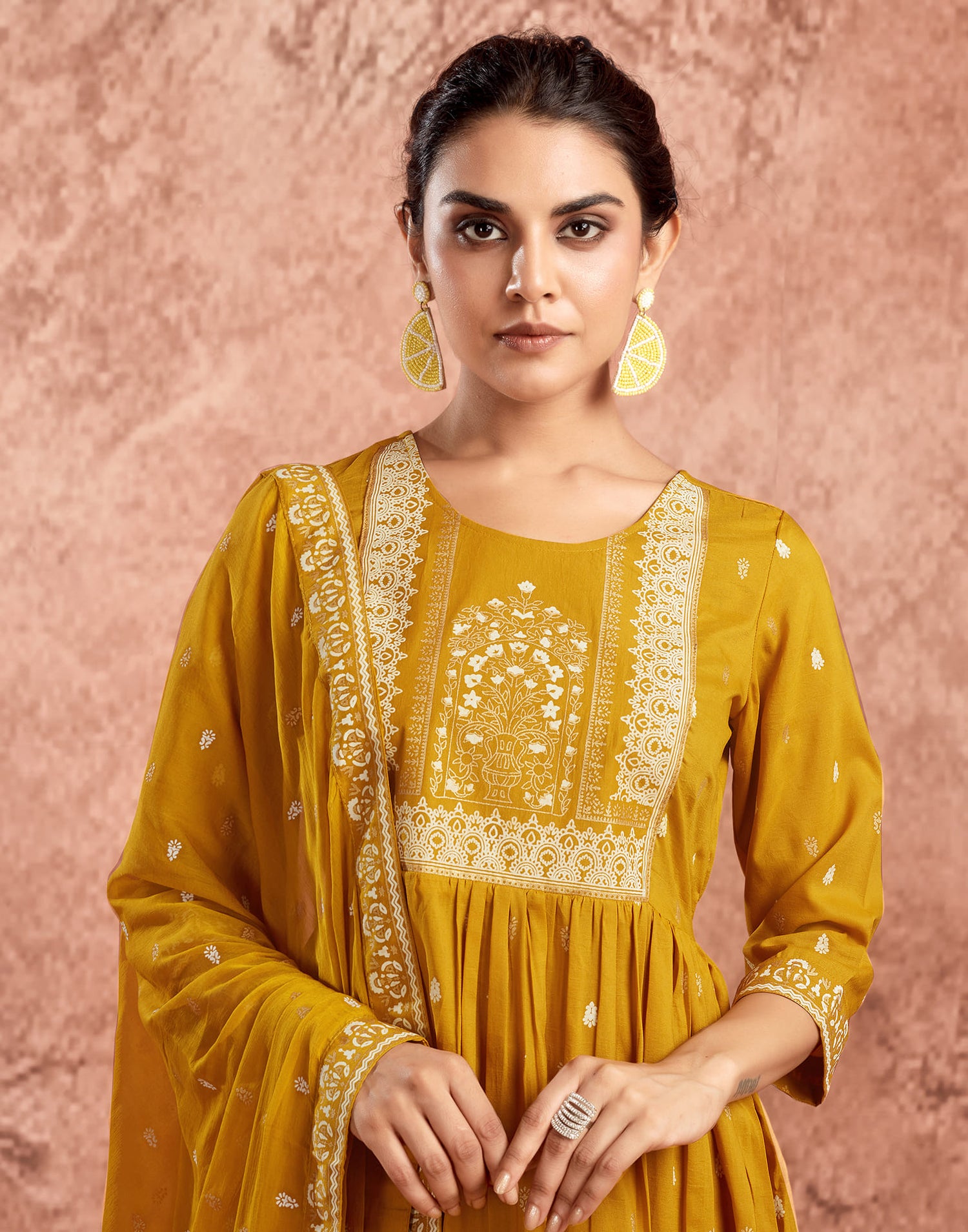 Yellow Chinnon Printed Flared Kurta Set With Dupatta