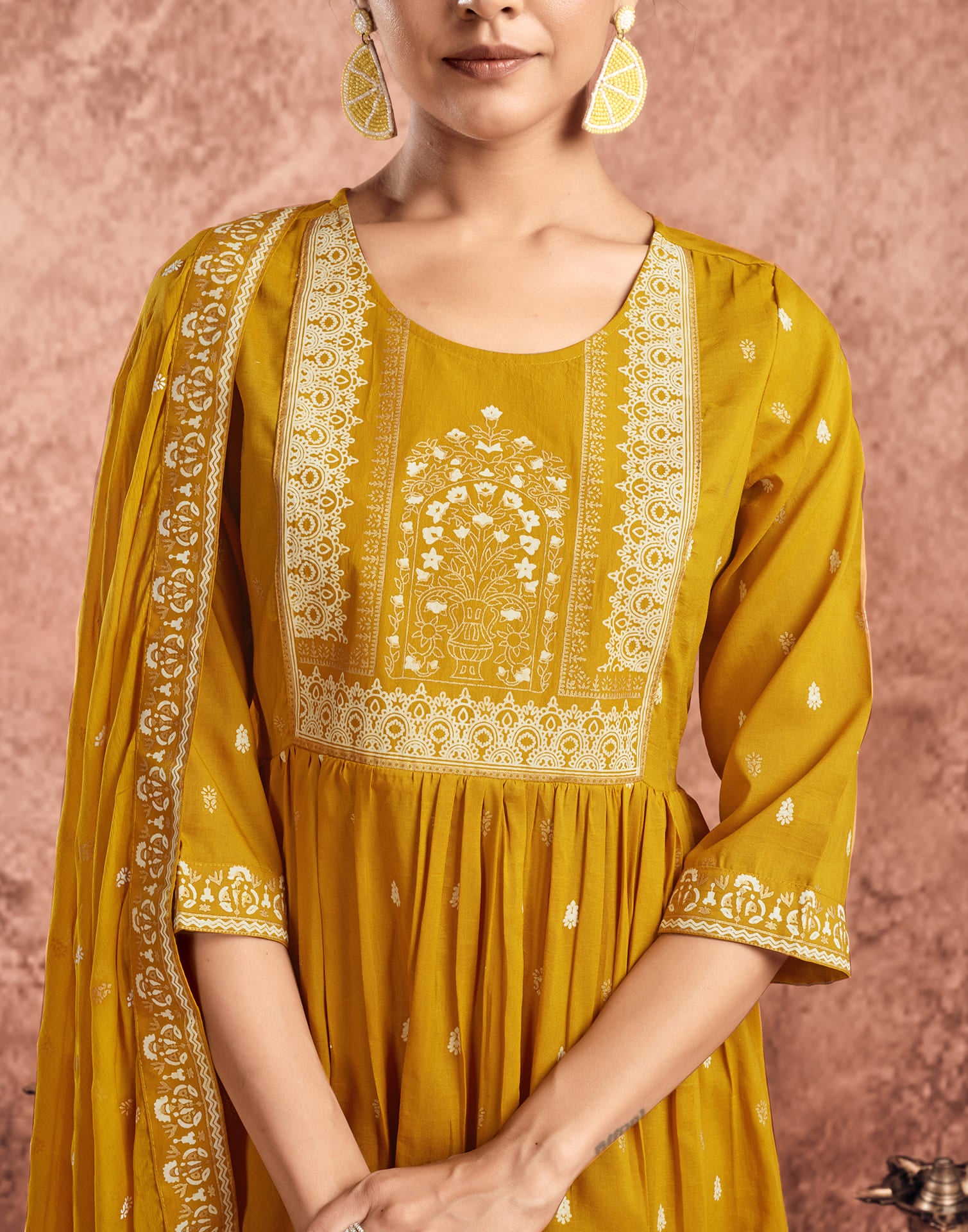 Yellow Chinnon Printed Flared Kurta Set With Dupatta