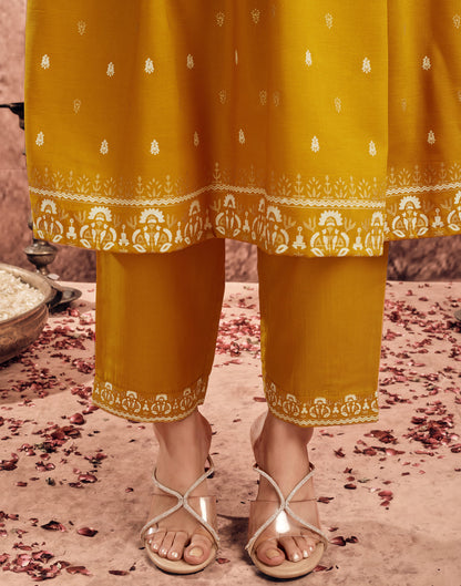 Yellow Chinnon Printed Flared Kurta Set With Dupatta