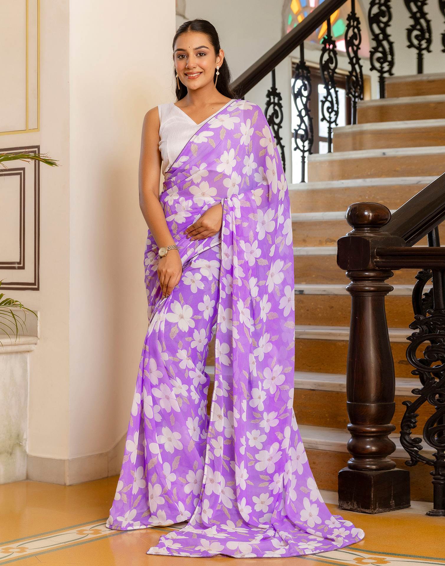 Ready To Wear Lavender Georgette Floral Printed Saree