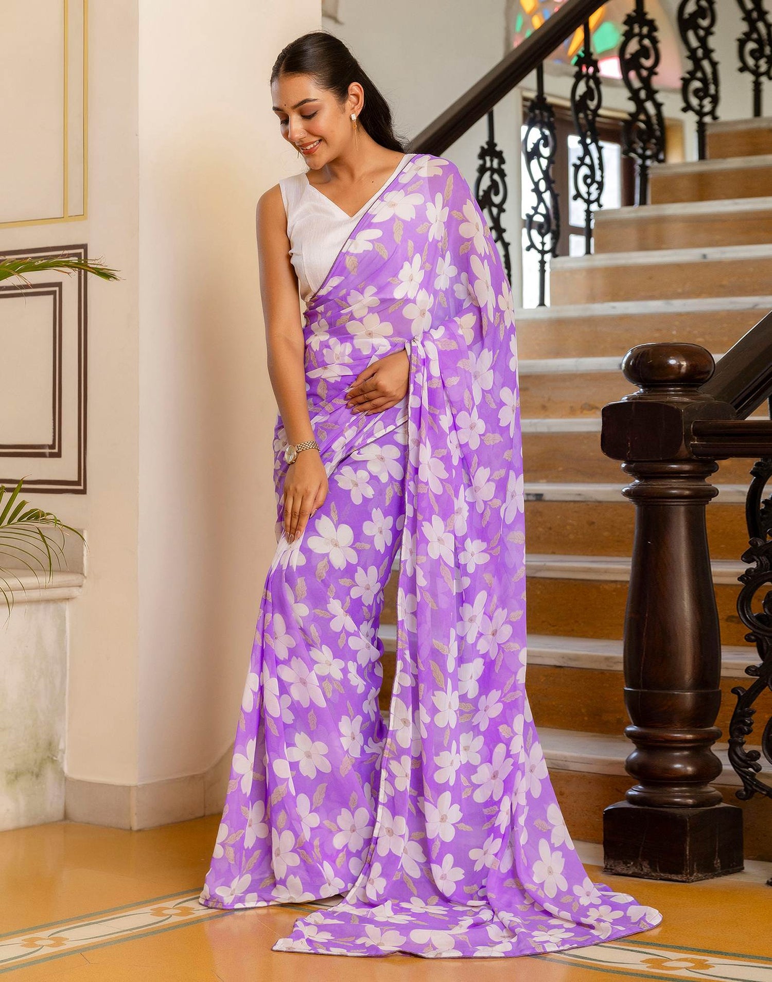 Ready To Wear Lavender Georgette Floral Printed Saree