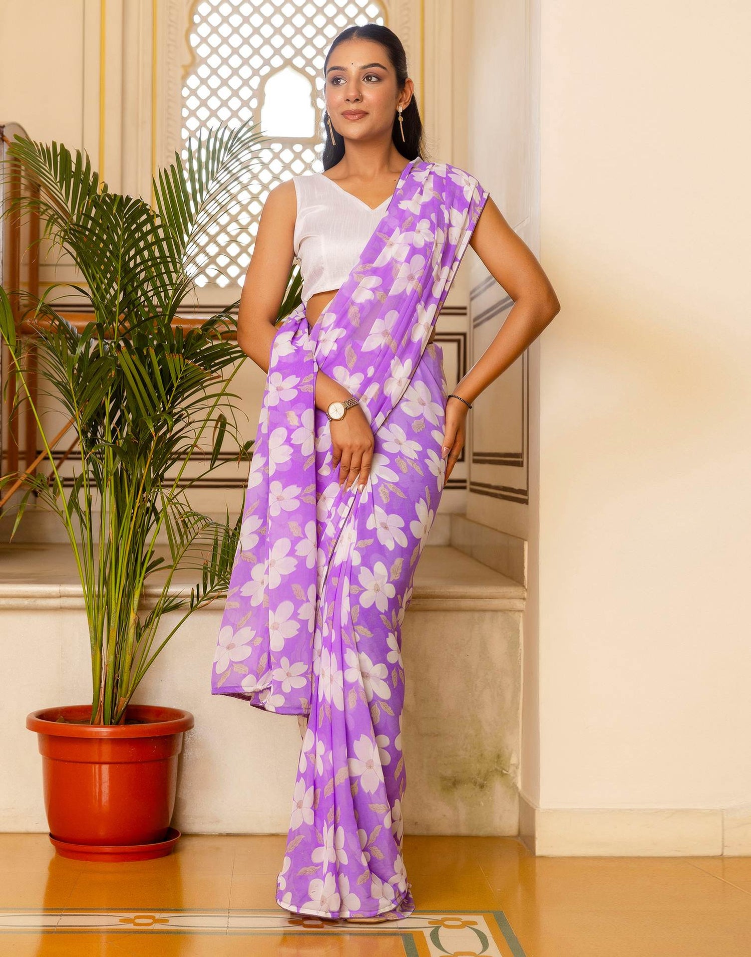 Ready To Wear Lavender Georgette Floral Printed Saree