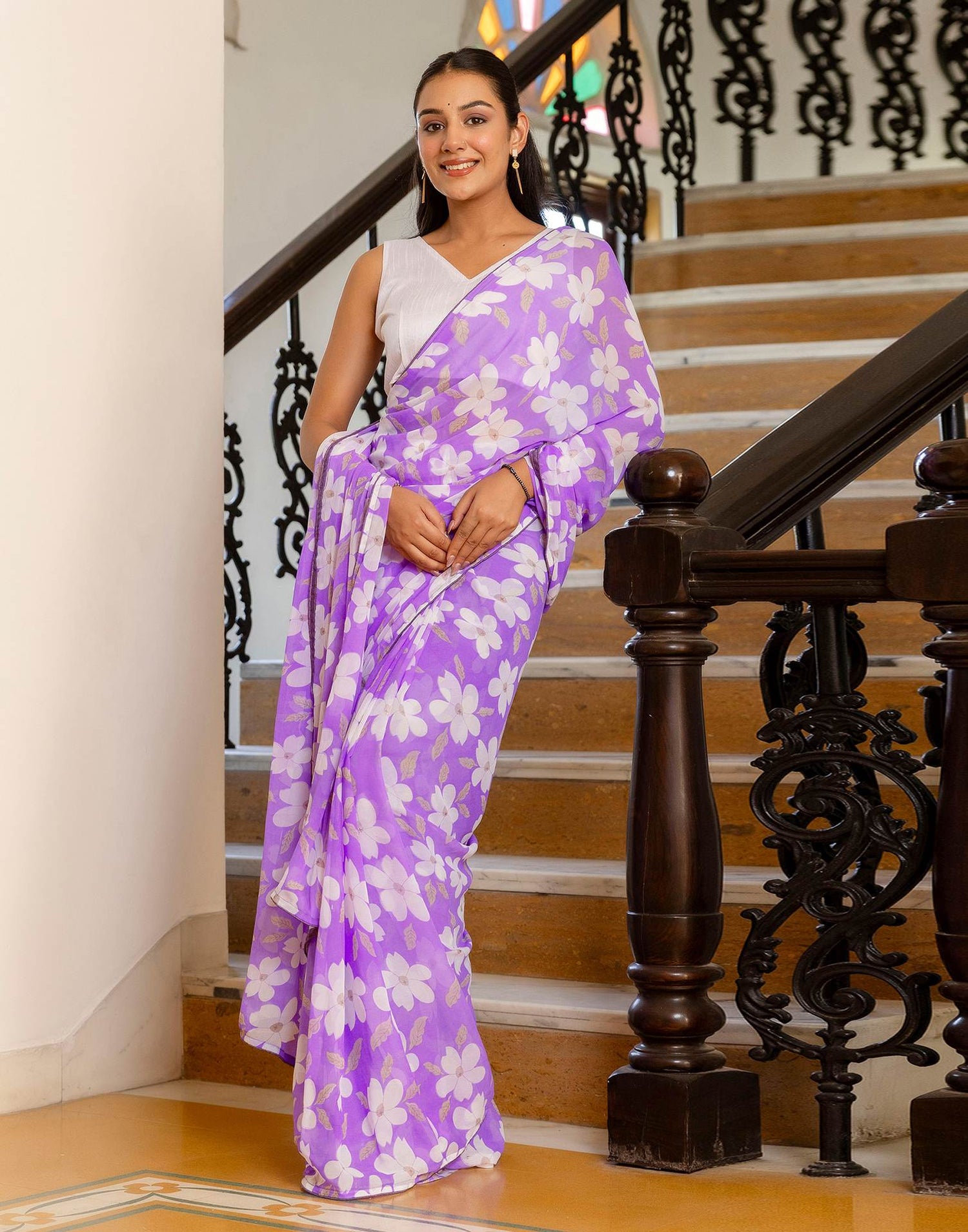 Ready To Wear Lavender Georgette Floral Printed Saree
