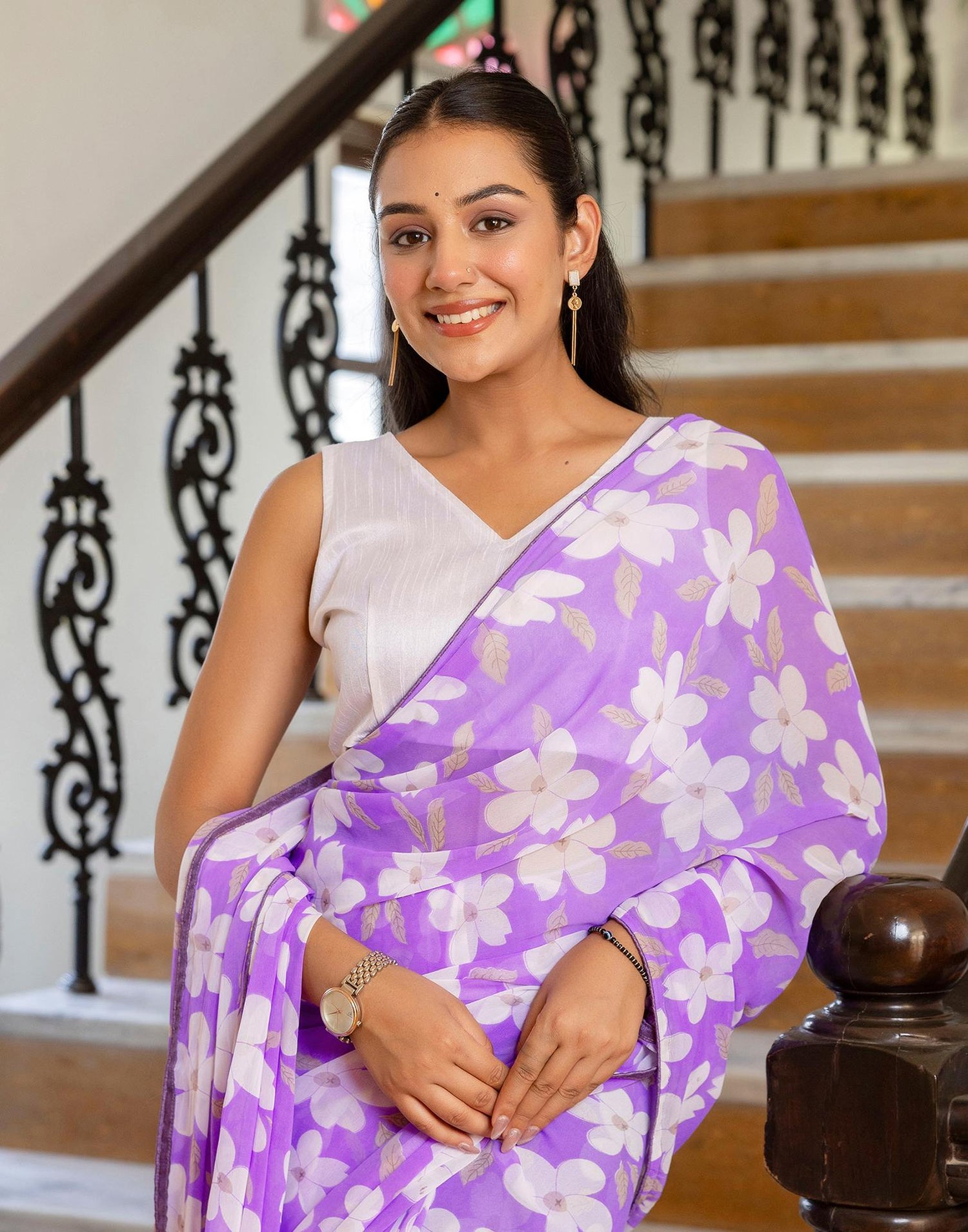 Ready To Wear Lavender Georgette Floral Printed Saree