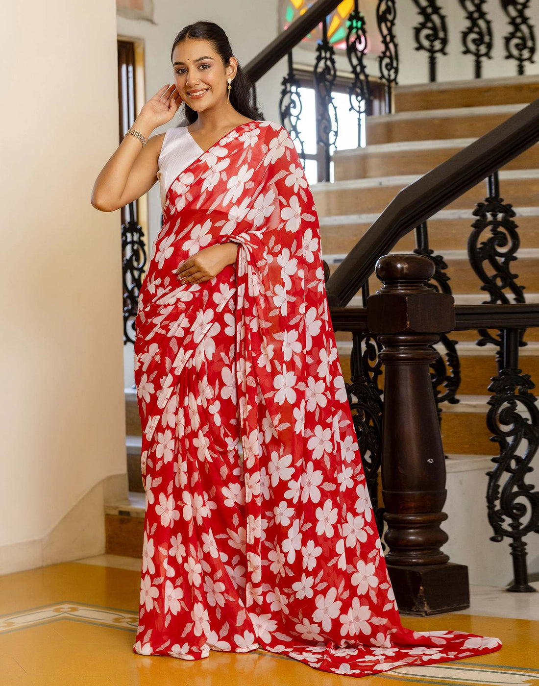 Ready To Wear Red Georgette Floral Printed Saree
