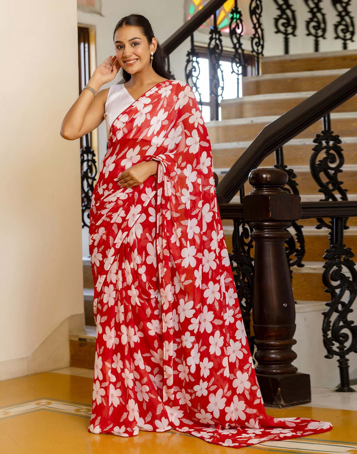 Ready To Wear Red Georgette Floral Printed Saree