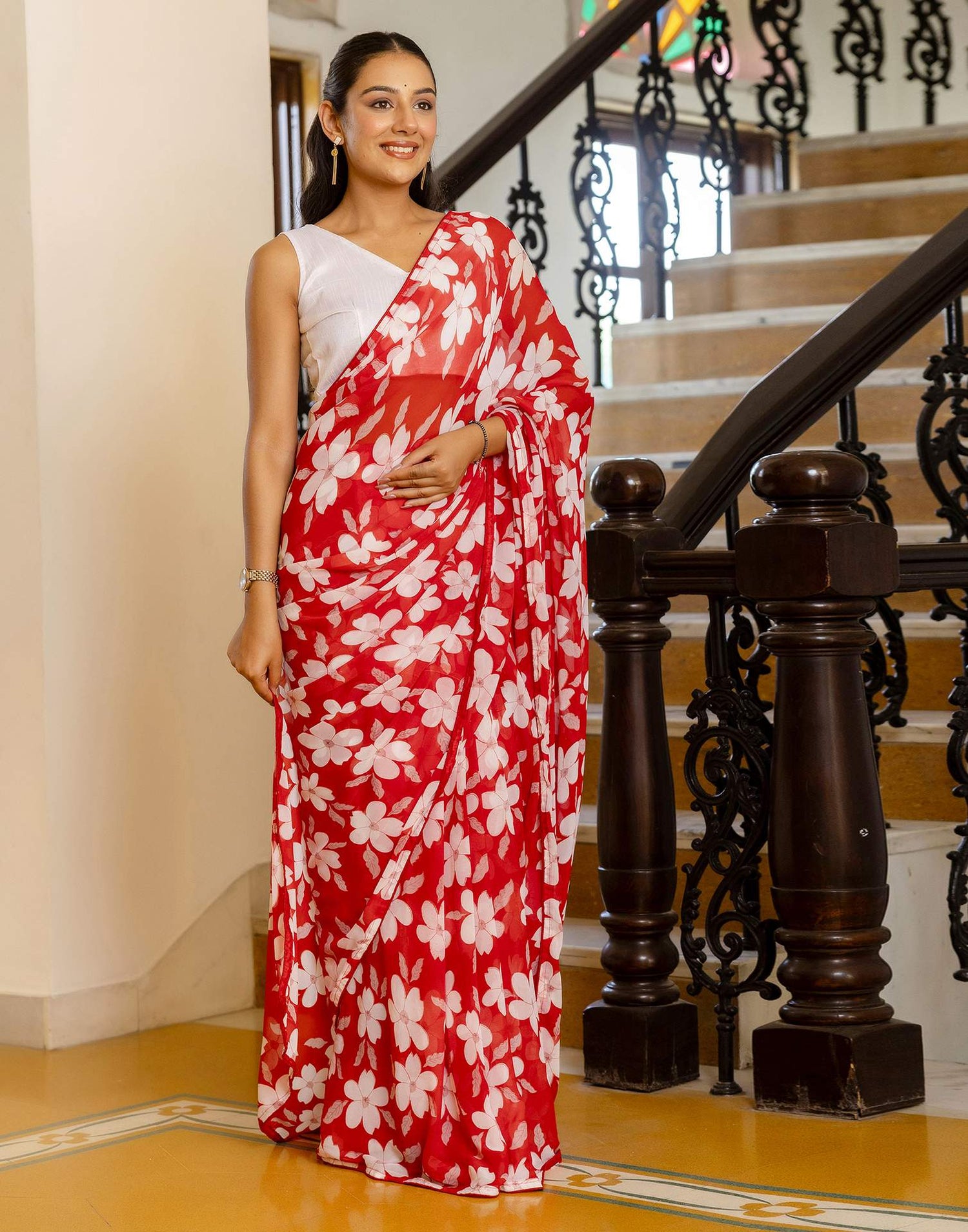 Ready To Wear Red Georgette Floral Printed Saree
