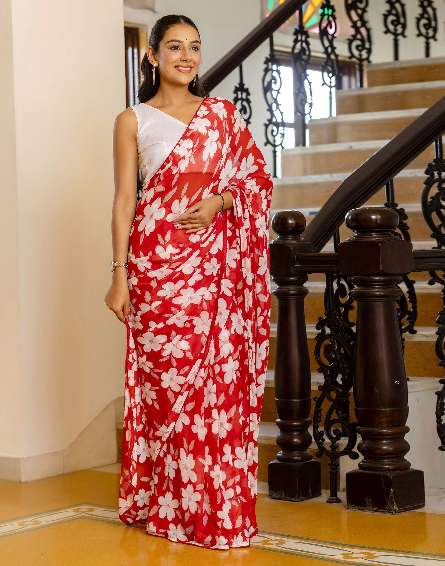 Ready To Wear Red Georgette Floral Printed Saree