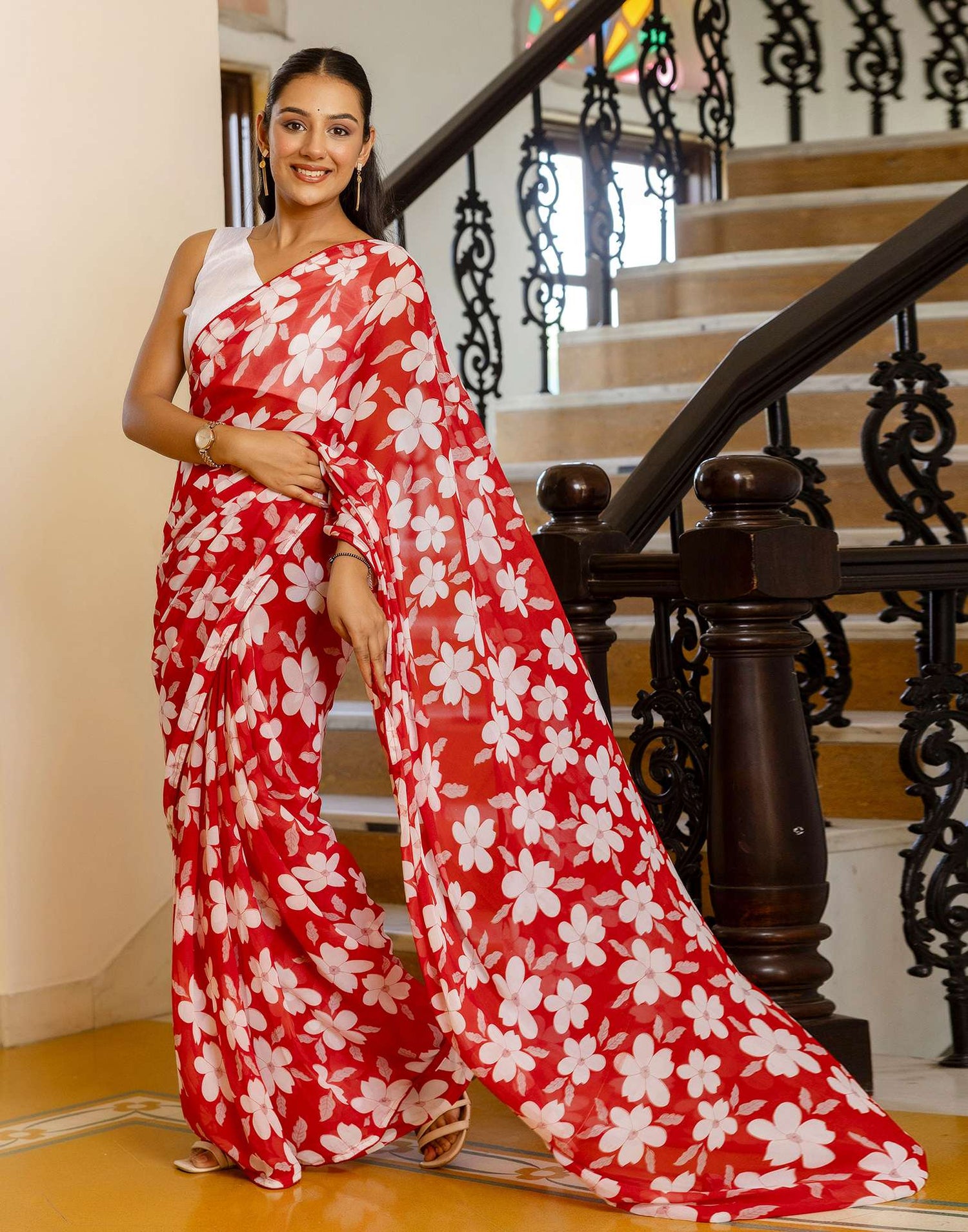 Ready To Wear Red Georgette Floral Printed Saree