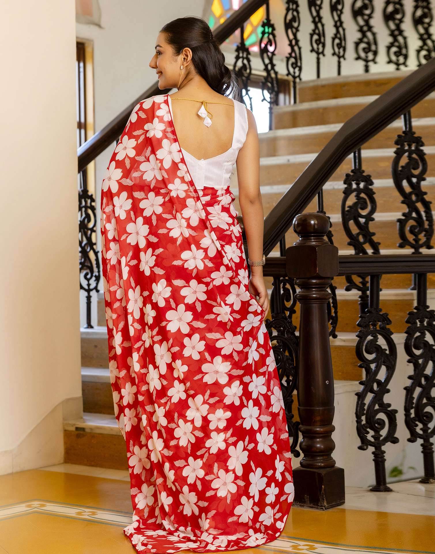 Ready To Wear Red Georgette Floral Printed Saree