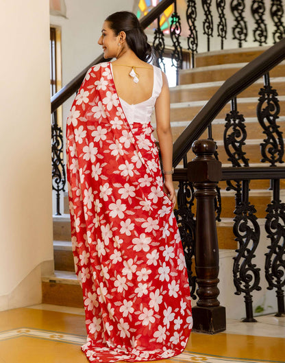 Ready To Wear Red Georgette Floral Printed Saree