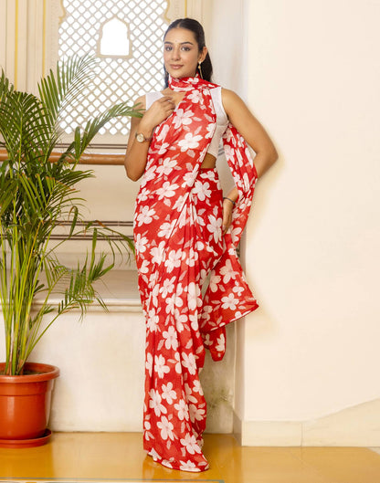Ready To Wear Red Georgette Floral Printed Saree