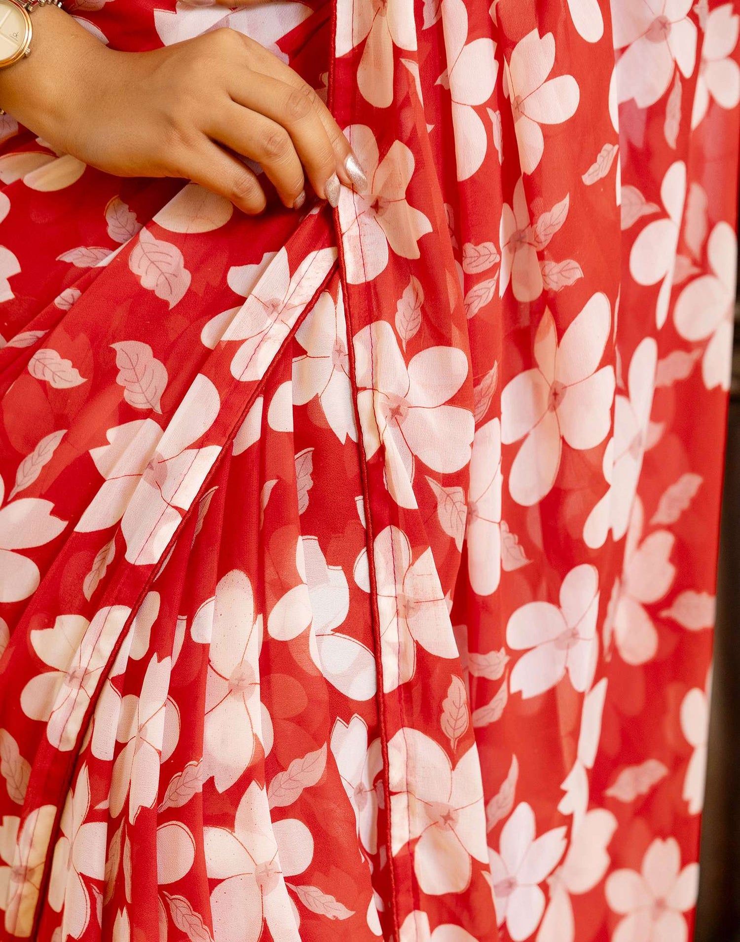 Ready To Wear Red Georgette Floral Printed Saree