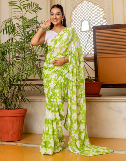 Ready To Wear Parrot Green Georgette Floral Printed Saree