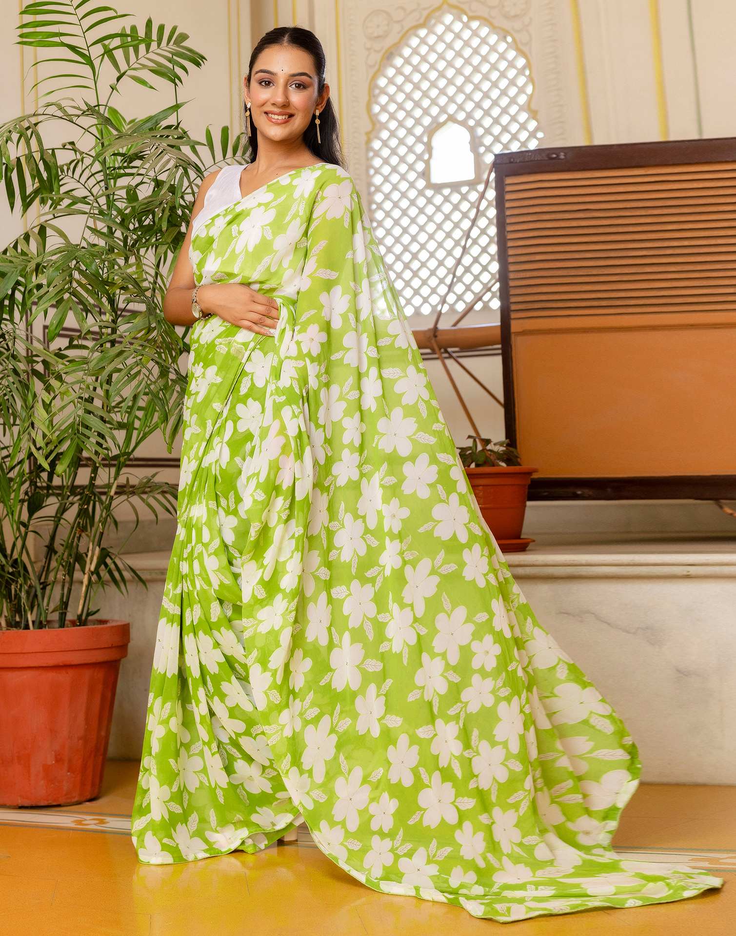 Ready To Wear Parrot Green Georgette Floral Printed Saree