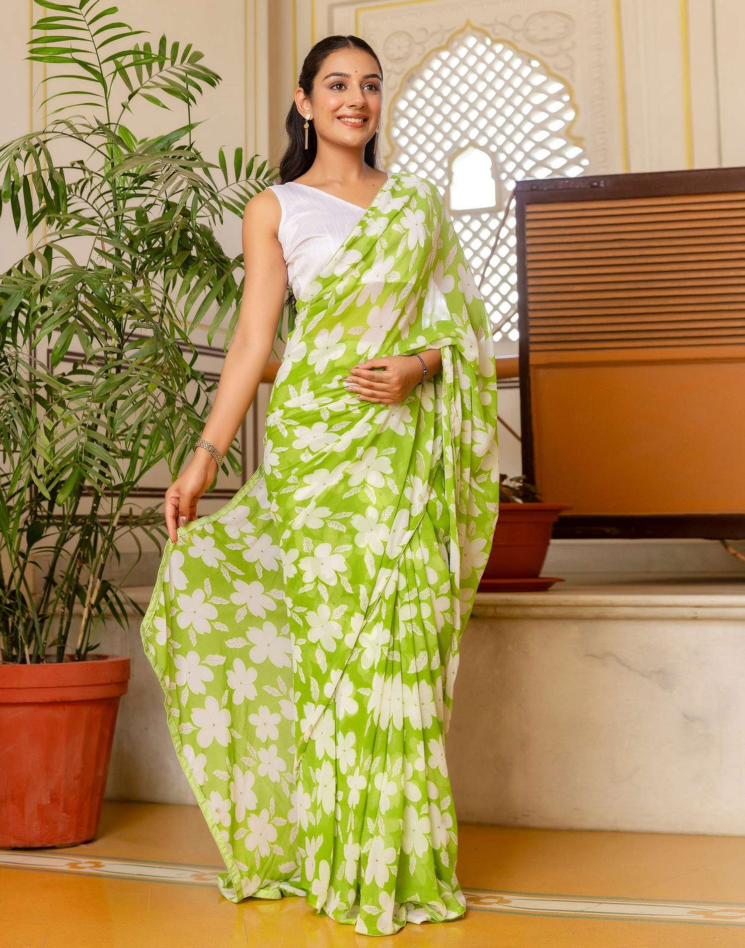 Ready To Wear Parrot Green Georgette Floral Printed Saree