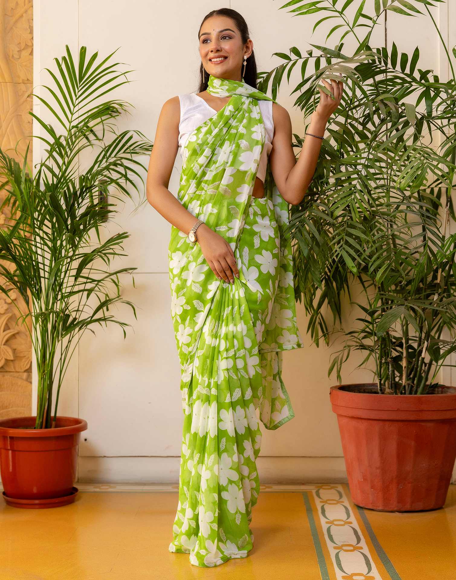 Ready To Wear Parrot Green Georgette Floral Printed Saree