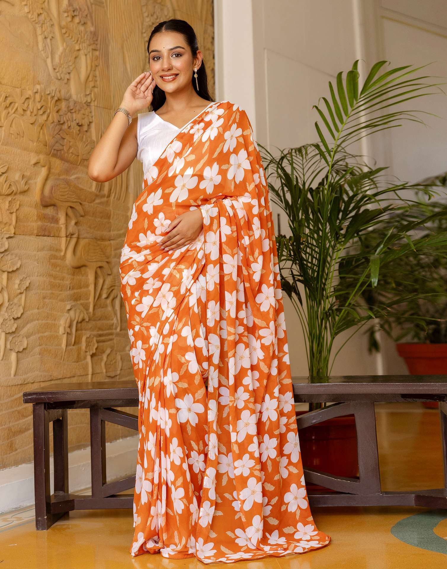 Ready To Wear Orange Georgette Floral Printed Saree