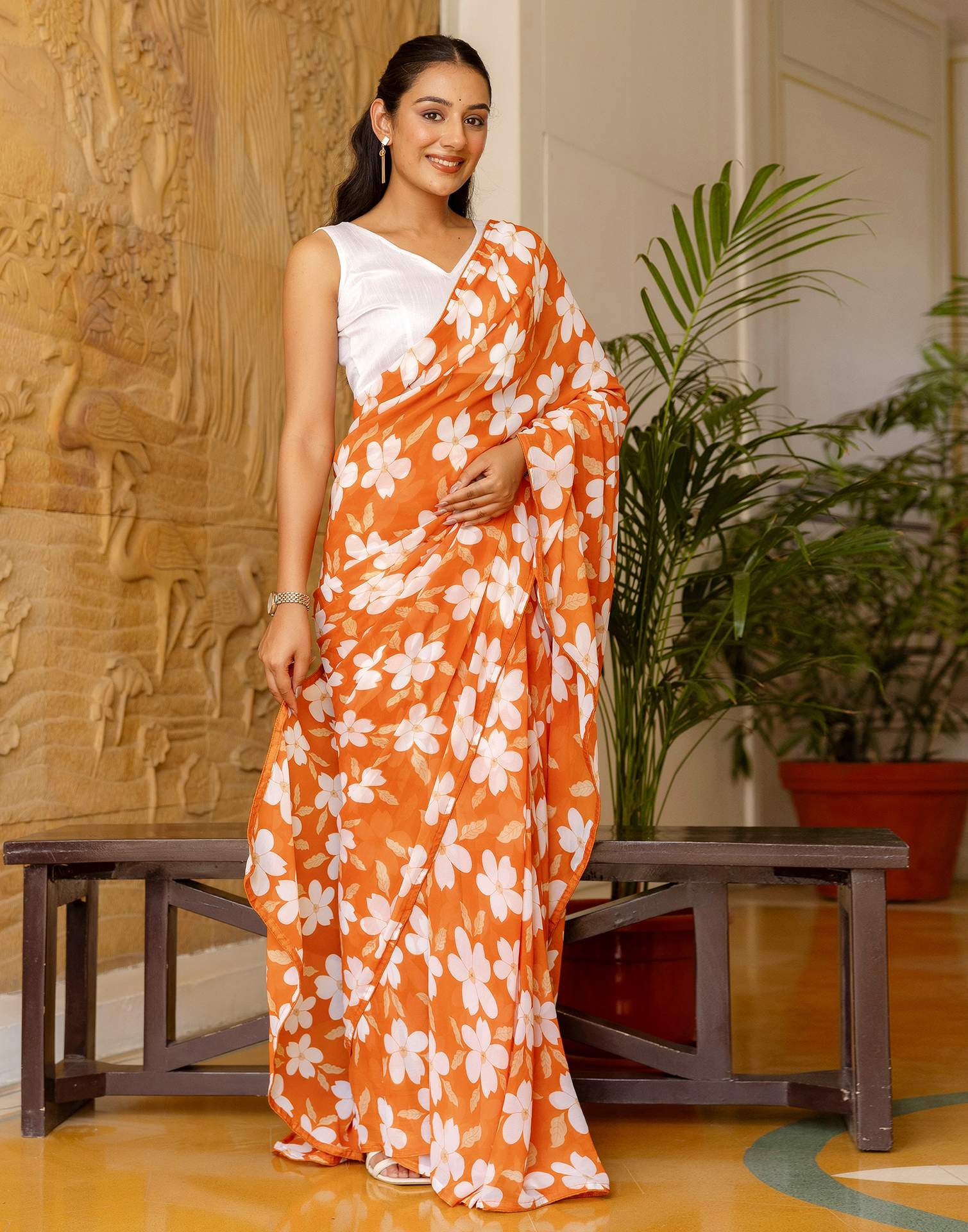 Ready To Wear Orange Georgette Floral Printed Saree