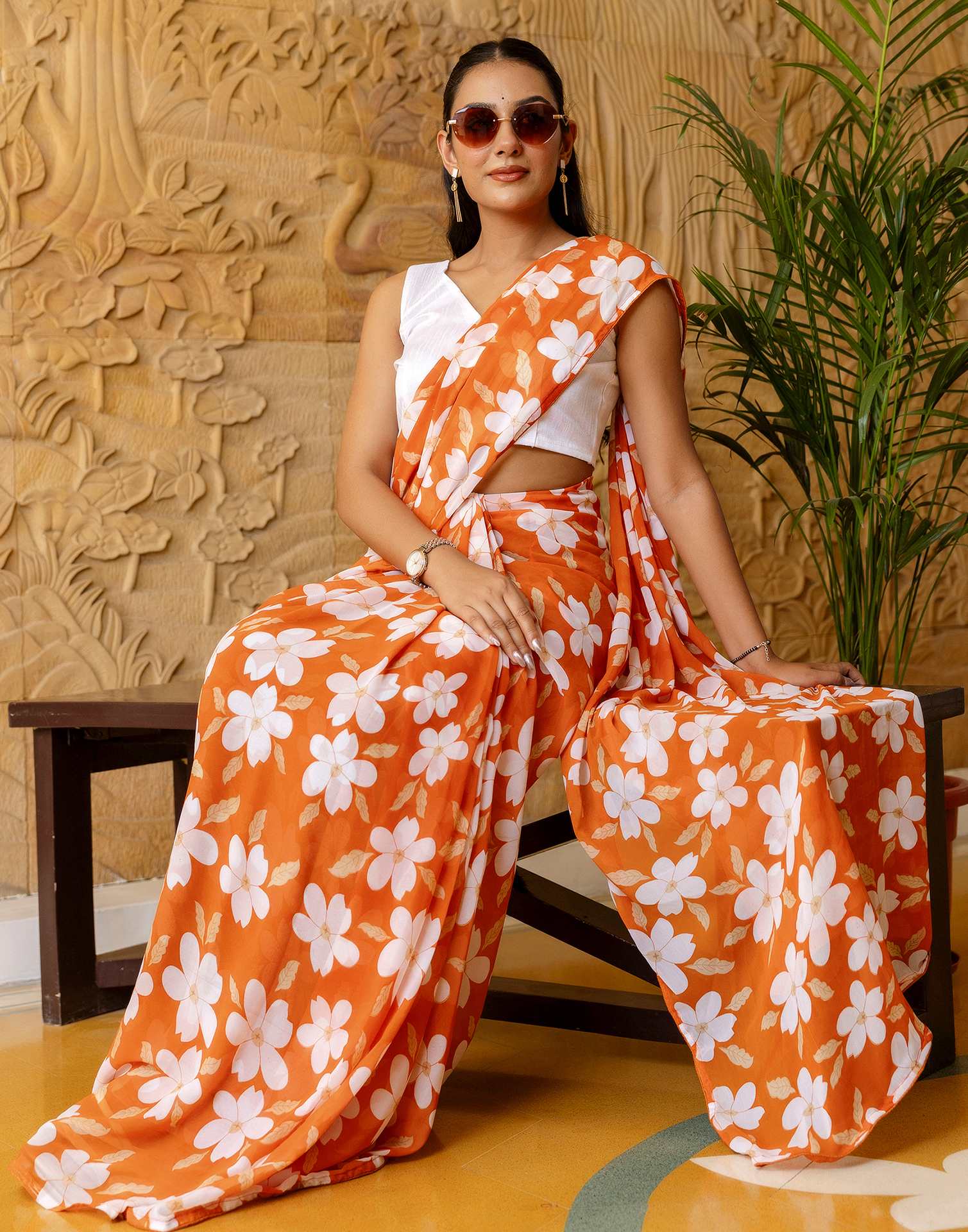 Ready To Wear Orange Georgette Floral Printed Saree