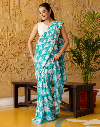 Ready To Wear Turquoise Georgette Floral Printed Saree