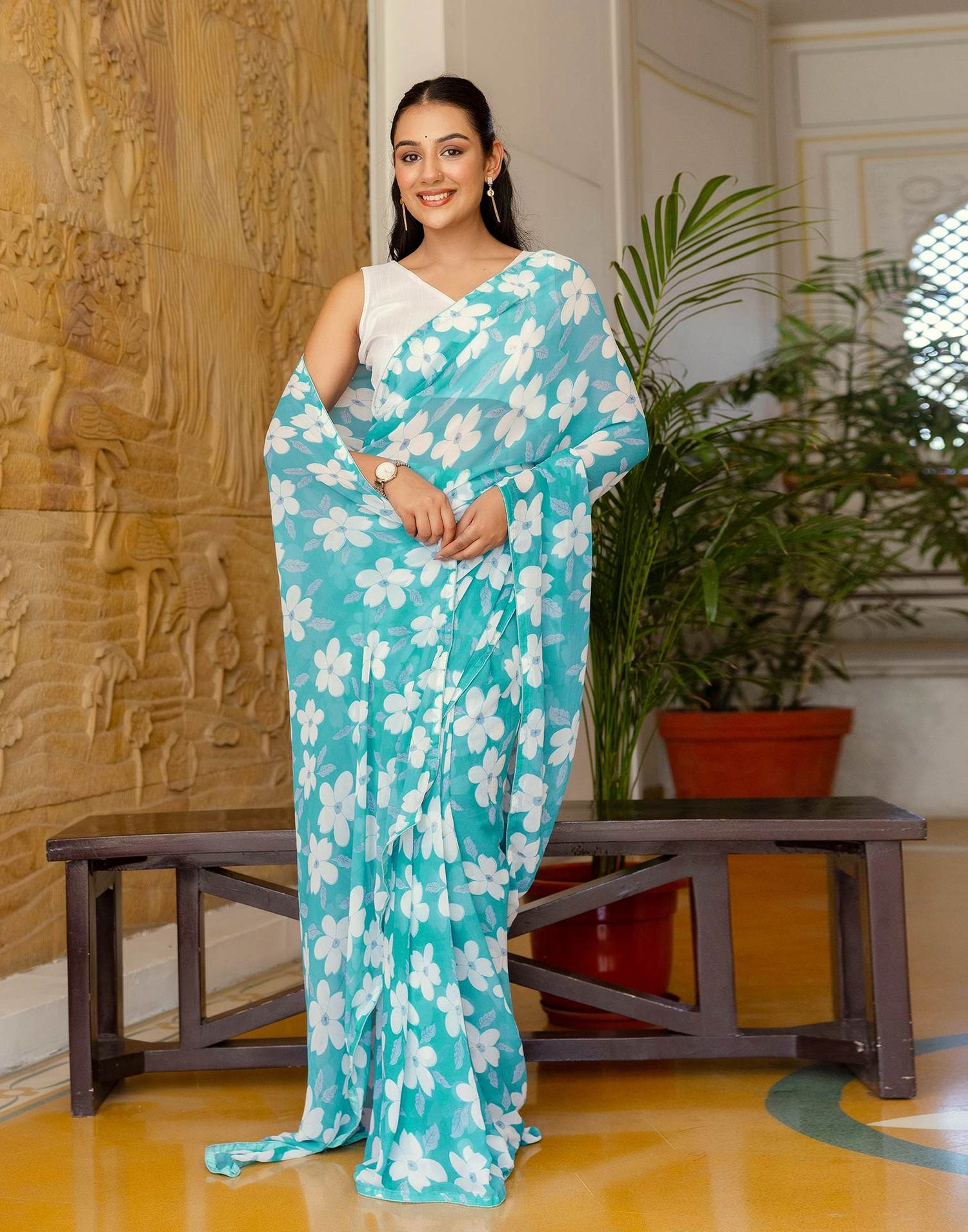 Ready To Wear Turquoise Georgette Floral Printed Saree