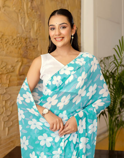 Ready To Wear Turquoise Georgette Floral Printed Saree