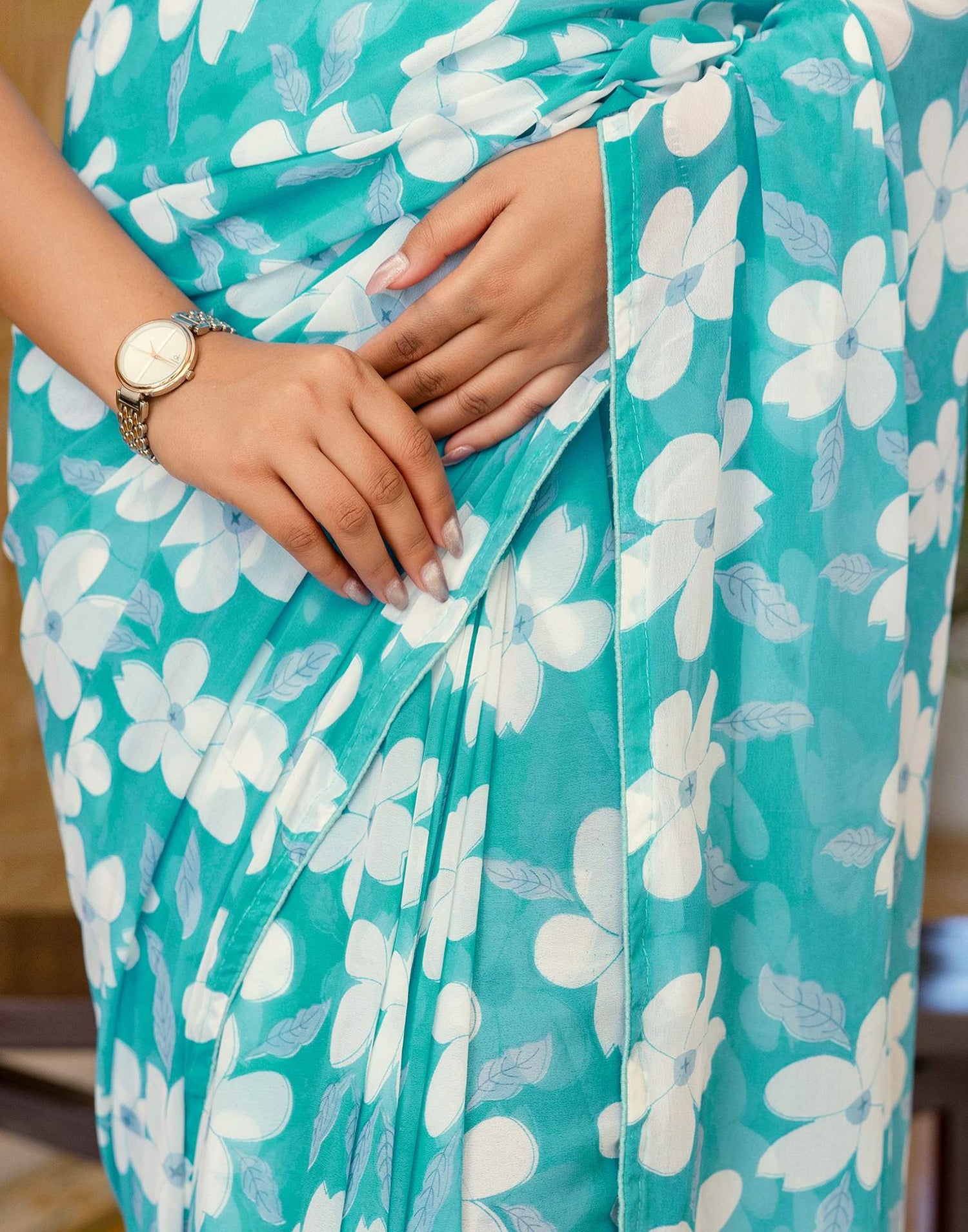 Ready To Wear Turquoise Georgette Floral Printed Saree