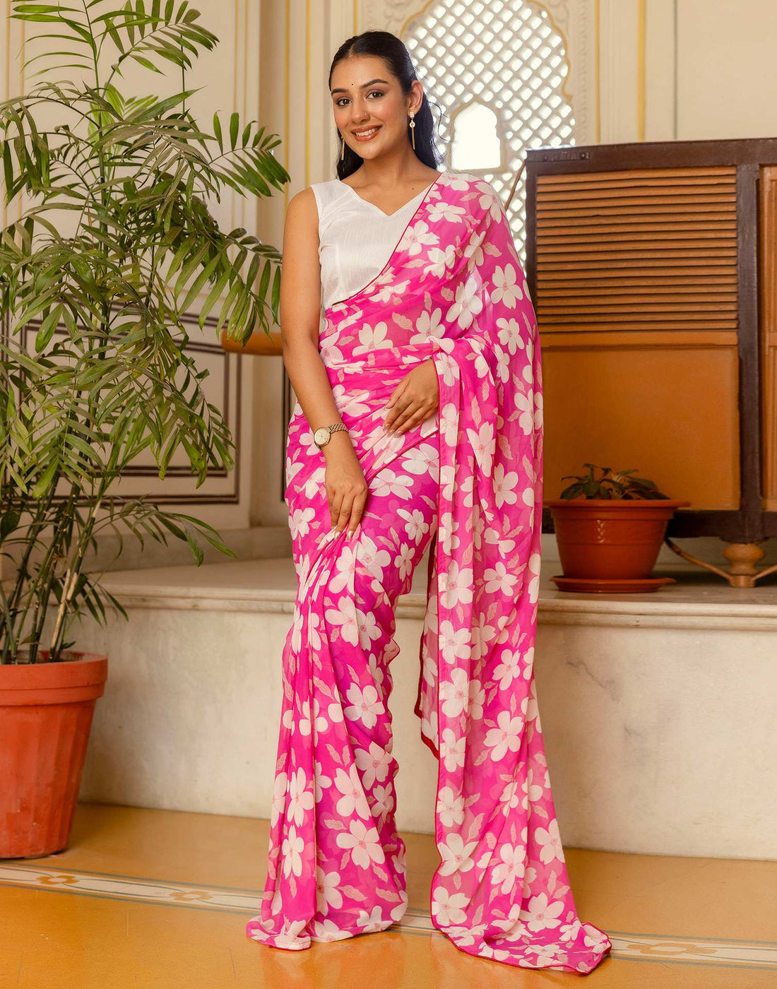 Ready To Wear Pink Georgette Floral Printed Saree