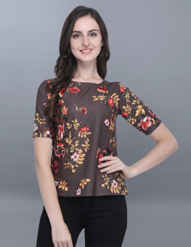 Ambitious Brown Coloured Printed Crepe Tops | Sudathi
