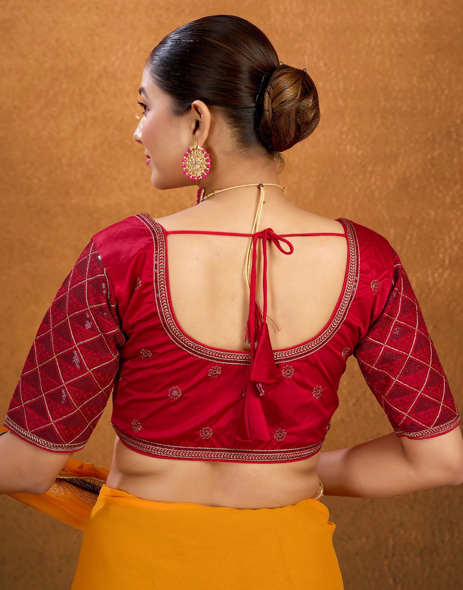 Red Silk Plain Embroidery Blouse